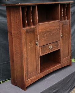 Custom Oak Inlaid Music Cabinet with Drop Front Desk and Hand Hammered Copper Pulls